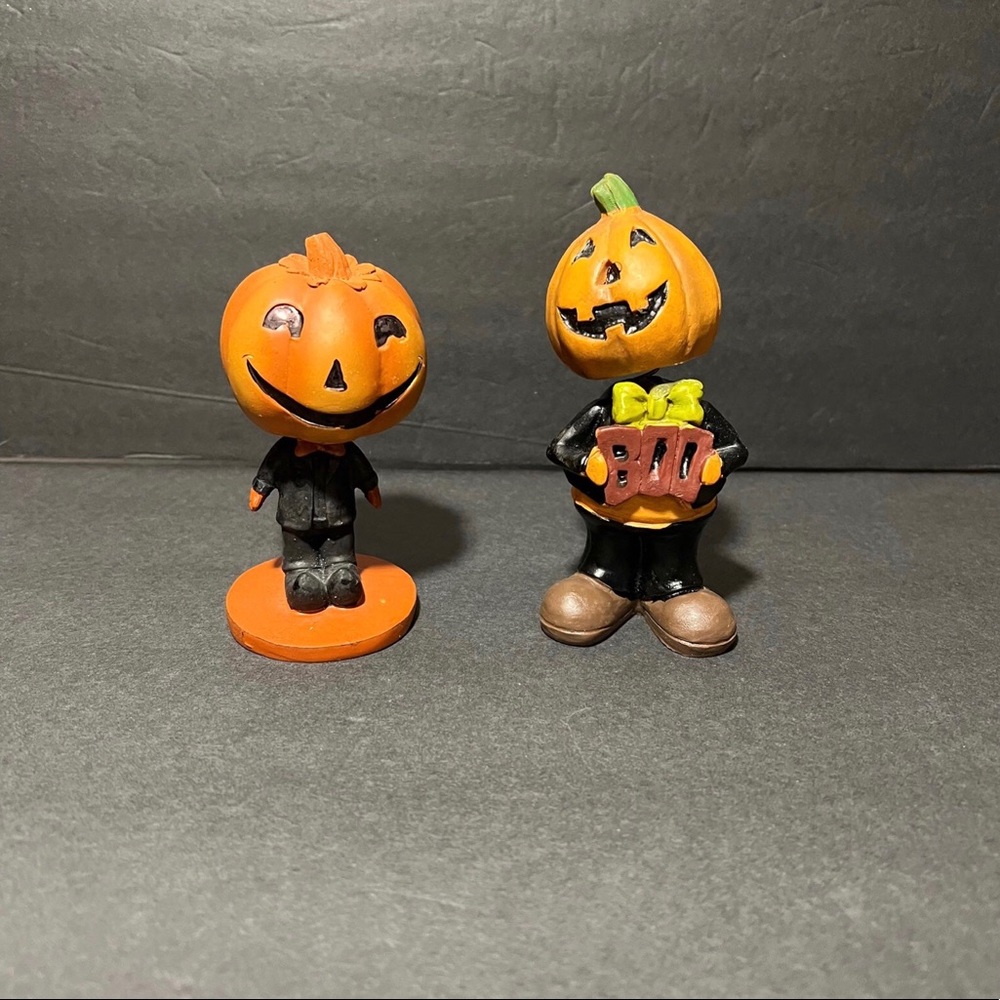 Halloween Resin Spring Bobblehead Pumpkin Figures; Set of 2, Spooky Decor